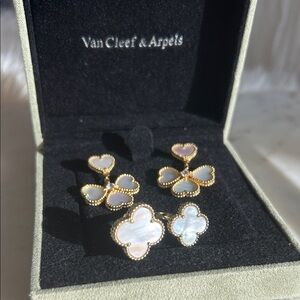 Van Cleef & Arpels White Mother of Pearl Clover Drop Earrings & Ring